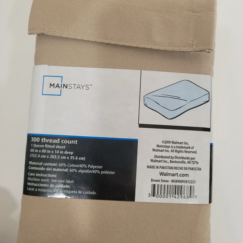Mainstays Queen Fitted Sheet Brown Stone 300 Thread Count Cotton Blend Easy Care